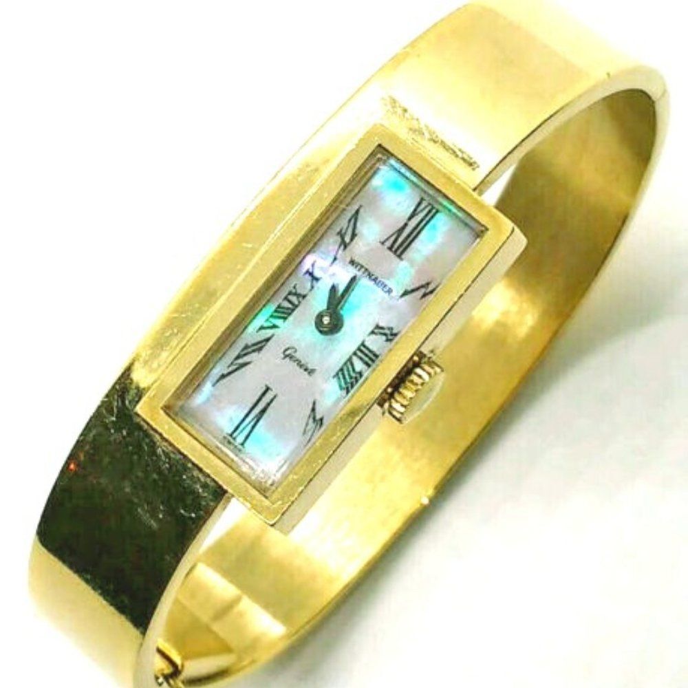 Vintage Wittnauer Geneve Mother Of Pearl Gold Plated Women's Bangle Watch Swiss